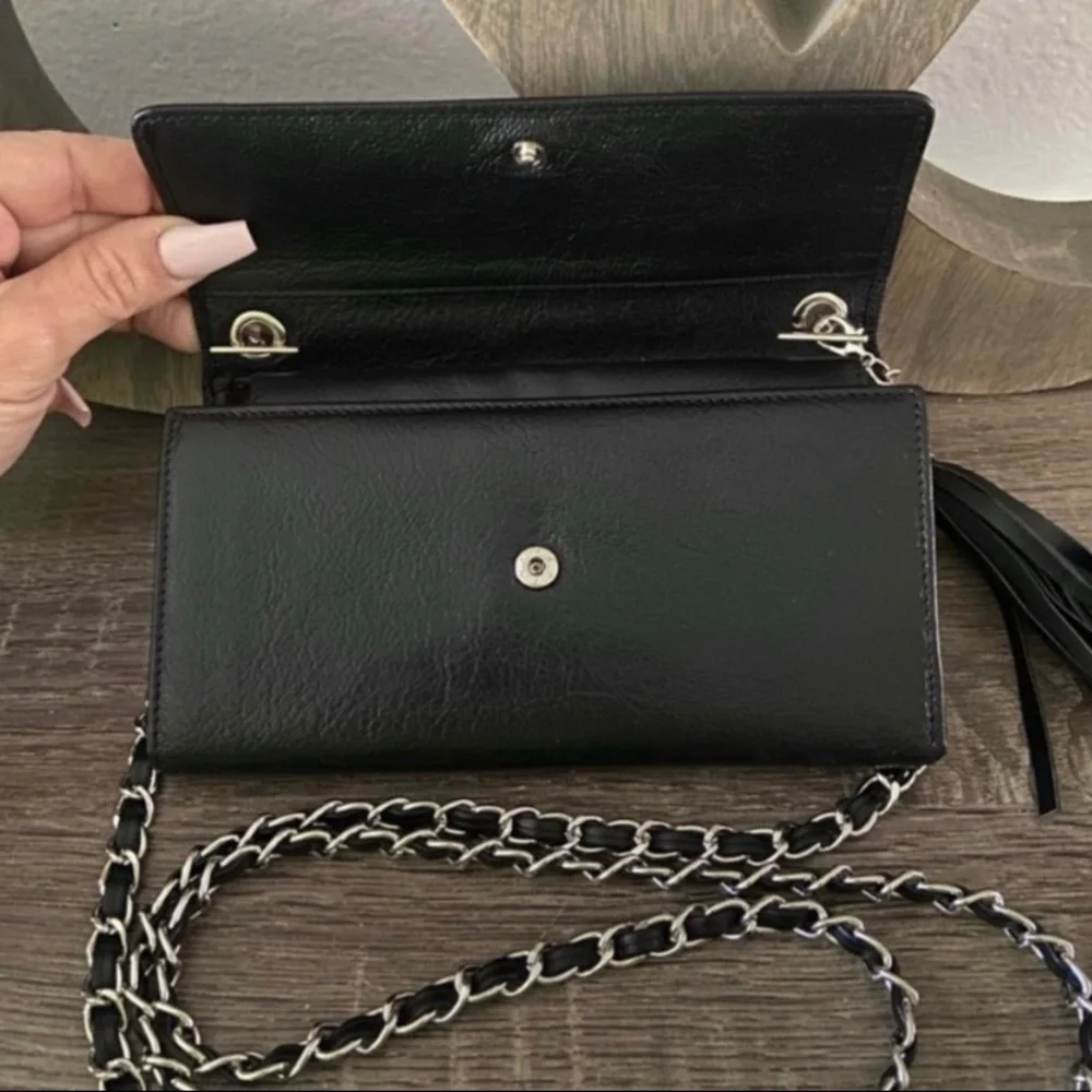 ⛓🖤 Chanel Wallet Chain Crossbody Black Leather on Silver CC Logo WOC Revamp
